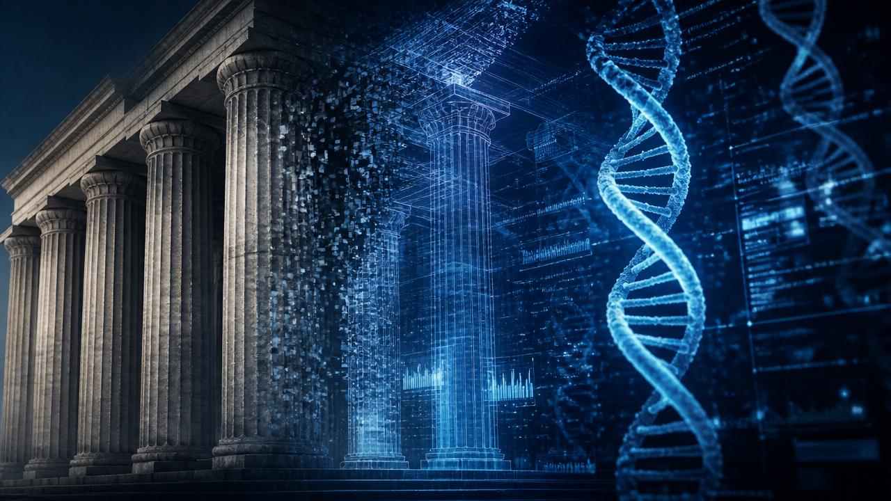 Colunas de um templo clássico se dissolvendo em estruturas digitais e hélices de DNA luminosas