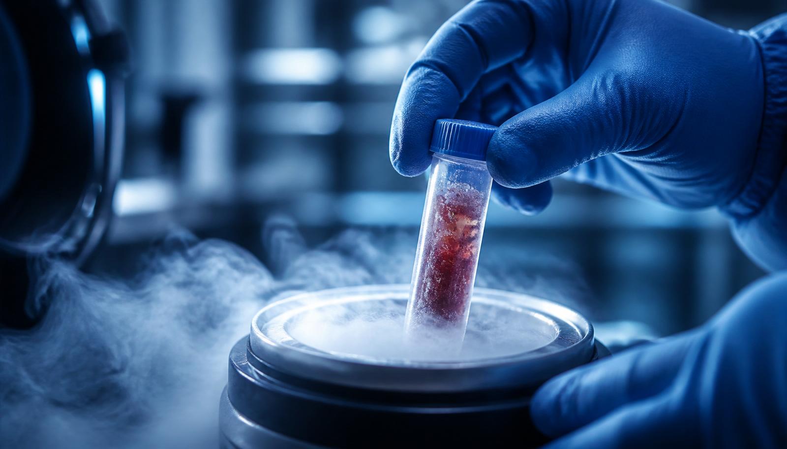 Mãos com luvas retirando uma criotubo de sangue de cordão umbilical de um tanque criogênico com vapor de nitrogênio líquido